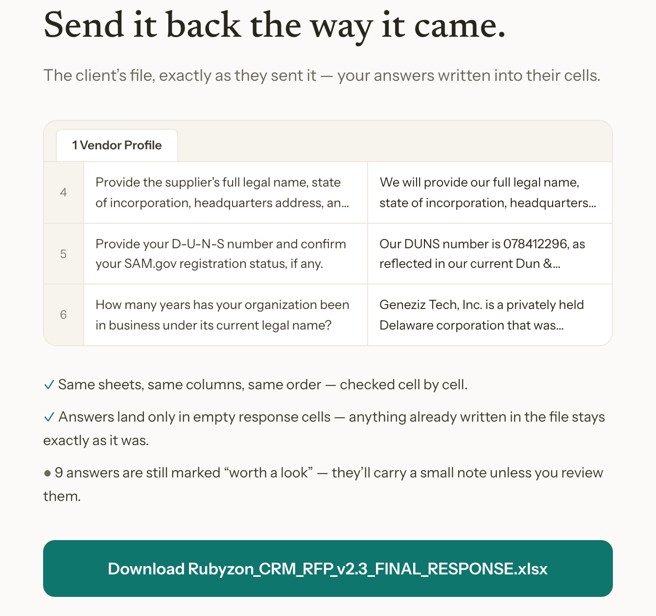 Export preview writing answers back into the client's original spreadsheet